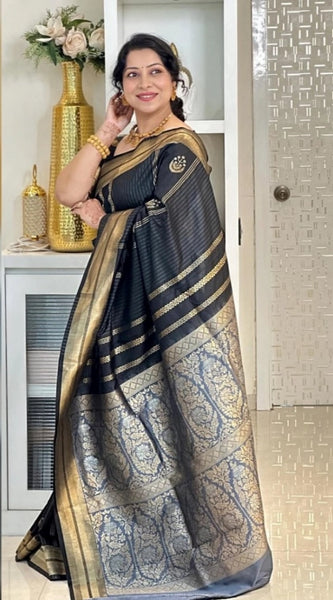 Mayawye Women's Silk Printed Saree With Unstitched Blouse 5.5Mtr (Black)
