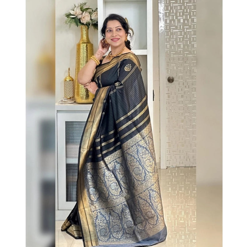 Mayawye Women's Silk Printed Saree With Unstitched Blouse 5.5Mtr (Black)