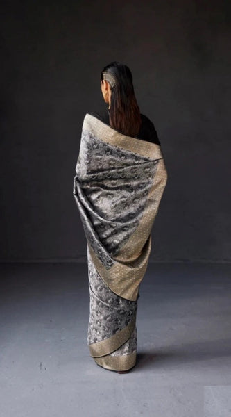 Mayawye Women's Silk Printed Saree With Unstitched Blouse 5.5Mtr (Grey)