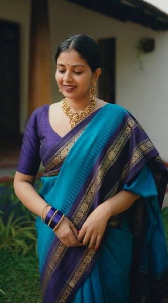 Mayawye Women's Silk Printed Saree With Unstitched Blouse 5.5Mtr (Blue)