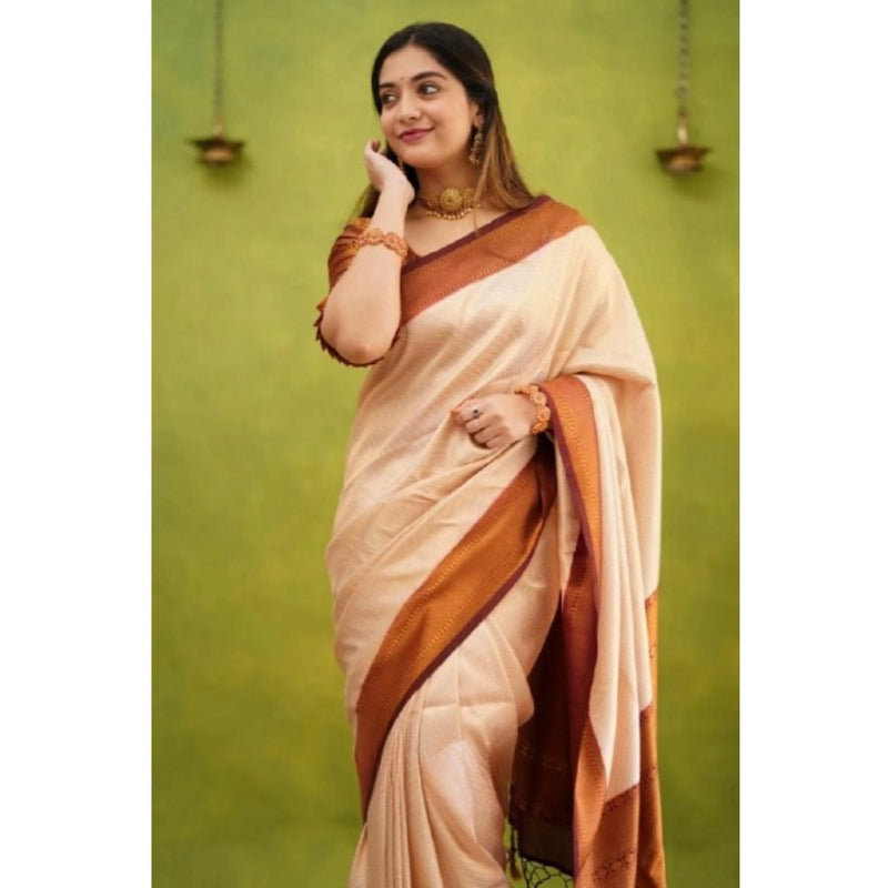 Mayawye Women's Silk Printed Saree With Unstitched Blouse 5.5Mtr (Cream)