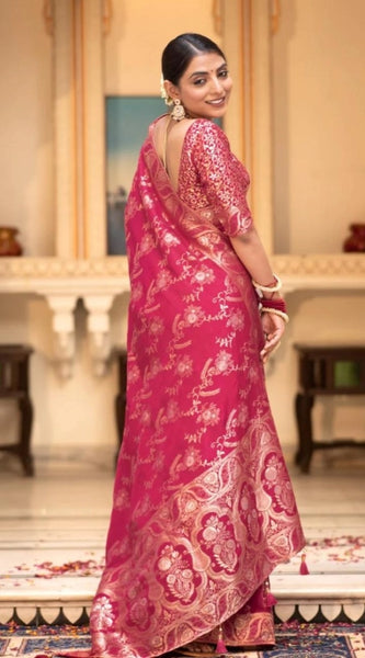 Mayawye Women's Silk Printed Saree With Unstitched Blouse 5.5Mtr (Pink)