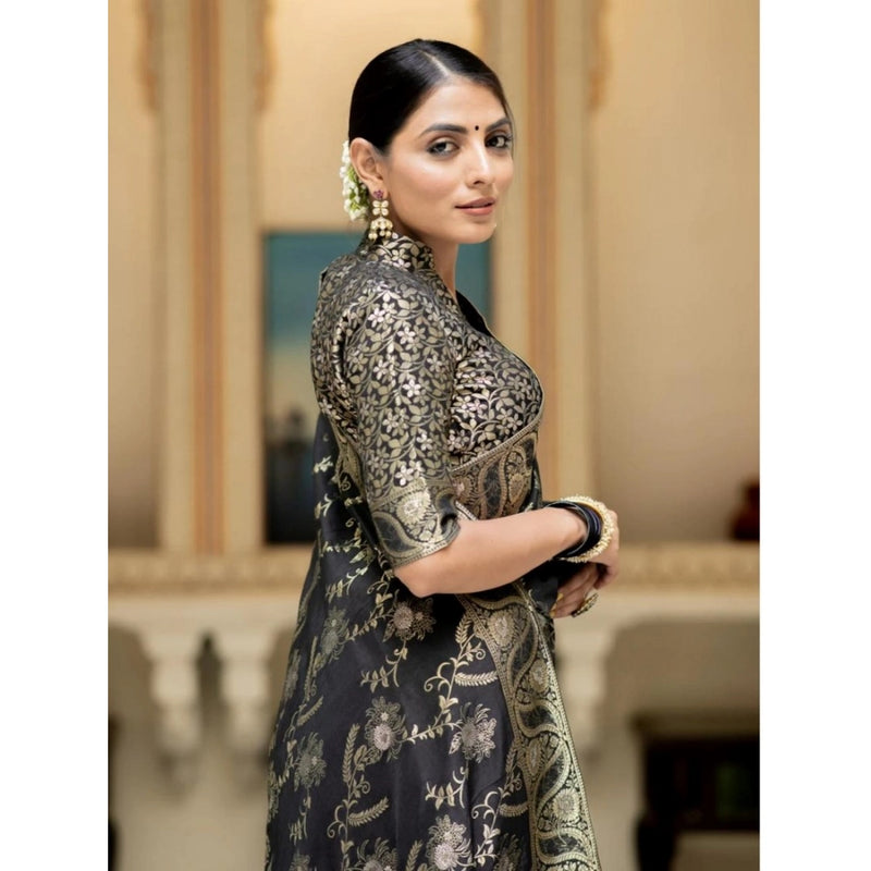 Mayawye Women's Silk Printed Saree With Unstitched Blouse 5.5Mtr (Black)