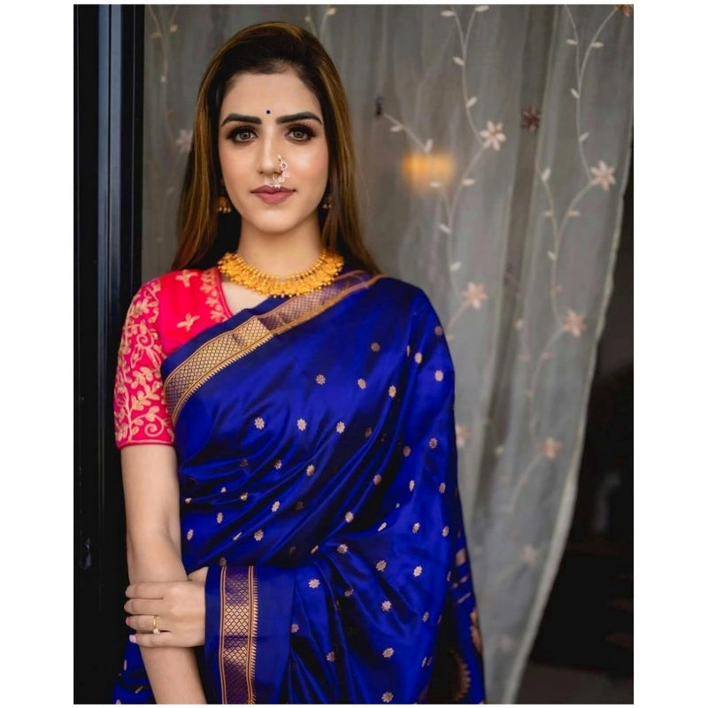Mayawye Women's Silk Printed Saree With Unstitched Blouse 5.5Mtr (Blue)