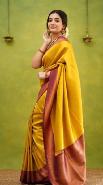 Mayawye Women's Silk Printed Saree With Unstitched Blouse 5.5Mtr (Yellow)