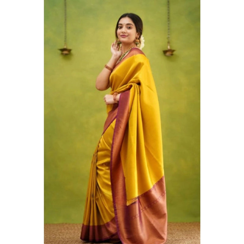 Mayawye Women's Silk Printed Saree With Unstitched Blouse 5.5Mtr (Yellow)