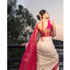 Mayawye Women's Silk Printed Saree With Unstitched Blouse 5.5Mtr (White-Pink)