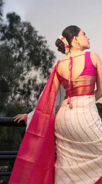 Mayawye Women's Silk Printed Saree With Unstitched Blouse 5.5Mtr (White-Pink)