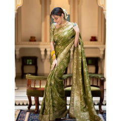 Mayawye Women's Silk Printed Saree With Unstitched Blouse 5.5Mtr (Olive Green)