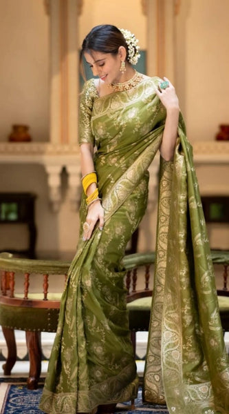 Mayawye Women's Silk Printed Saree With Unstitched Blouse 5.5Mtr (Olive Green)