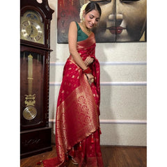 Mayawye Women's Silk Printed Saree With Unstitched Blouse 5.5Mtr (Red)