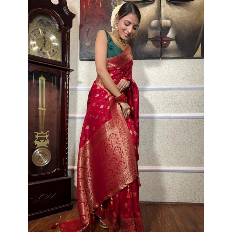 Mayawye Women's Silk Printed Saree With Unstitched Blouse 5.5Mtr (Red)