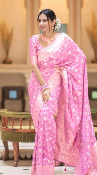 Mayawye Women's Silk Printed Saree With Unstitched Blouse 5.5Mtr (Pink)