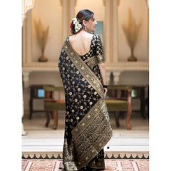 Mayawye Women's Silk Printed Saree With Unstitched Blouse 5.5Mtr (Black)