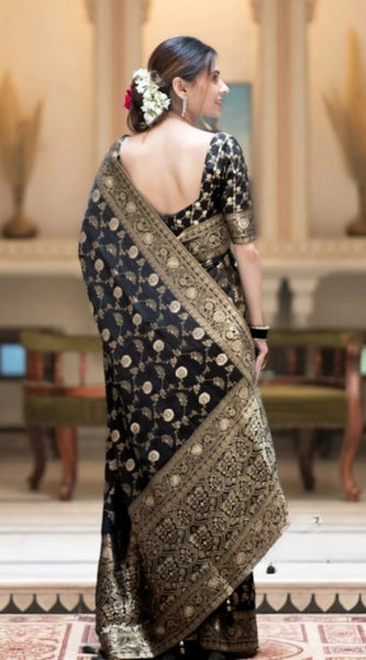 Mayawye Women's Silk Printed Saree With Unstitched Blouse 5.5Mtr (Black)