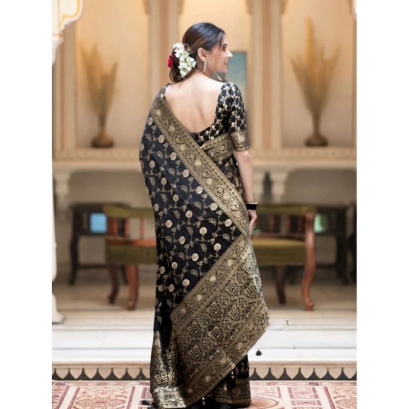 Mayawye Women's Silk Printed Saree With Unstitched Blouse 5.5Mtr (Black)