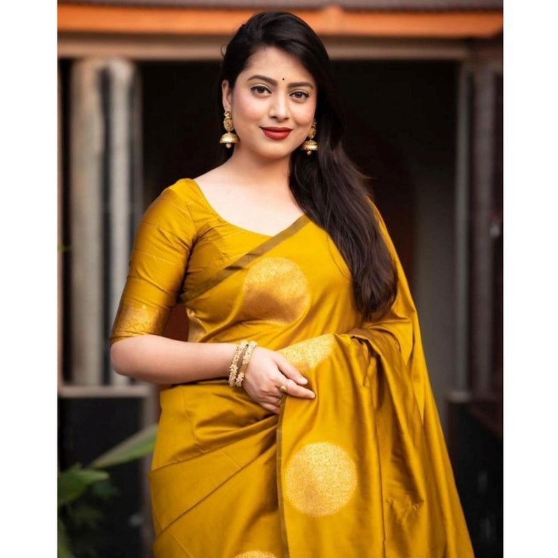 Mayawye Women's Silk Printed Saree With Unstitched Blouse 5.5Mtr (Yellow)