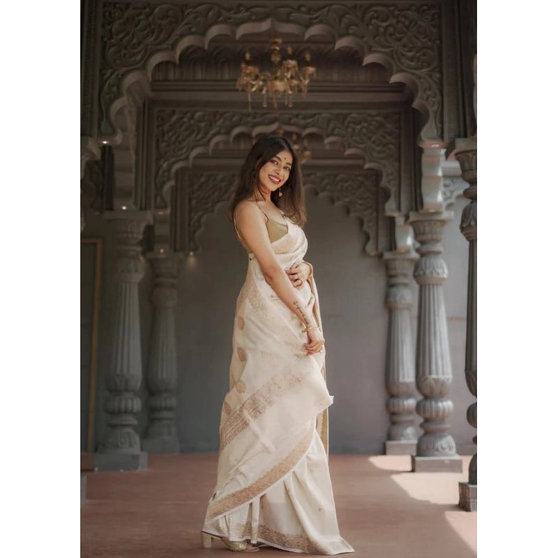 Mayawye Women's Cotton  Printed Saree With Unstitched Blouse 5.5Mtr (Cream)