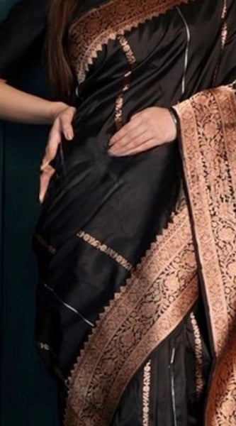 Mayawye Women's Silk Printed Saree With Unstitched Blouse 5.5Mtr (Black)