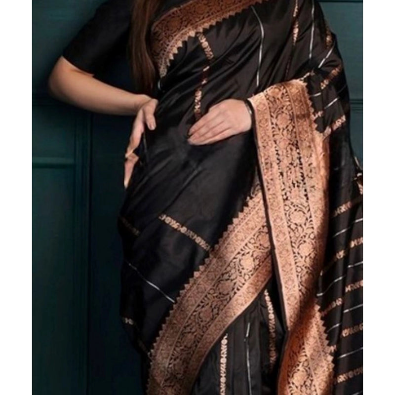 Mayawye Women's Silk Printed Saree With Unstitched Blouse 5.5Mtr (Black)