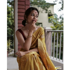 Mayawye Women's Silk Printed Saree With Unstitched Blouse 5.5Mtr (Yellow)
