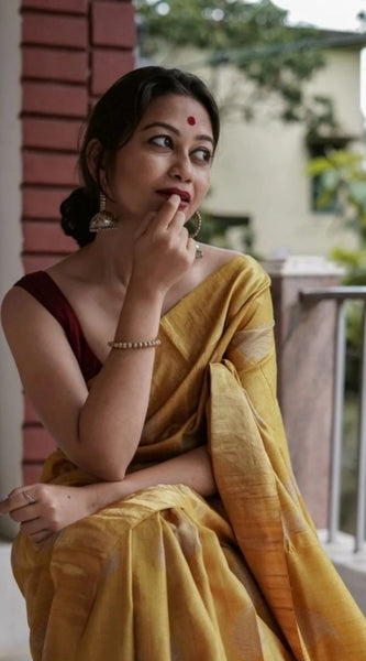 Mayawye Women's Silk Printed Saree With Unstitched Blouse 5.5Mtr (Yellow)