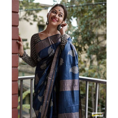 Mayawye Women's Silk Printed Saree With Unstitched Blouse 5.5Mtr (Navy Blue)