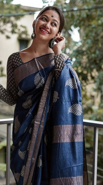 Mayawye Women's Silk Printed Saree With Unstitched Blouse 5.5Mtr (Navy Blue)