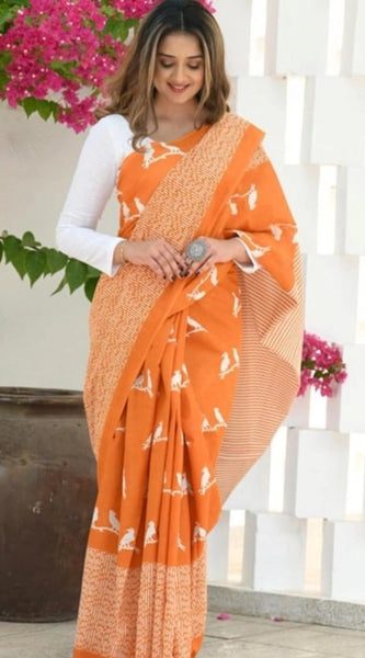 Mayawye Women's Silk Printed Saree With Unstitched Blouse 5.5Mtr (Orange)