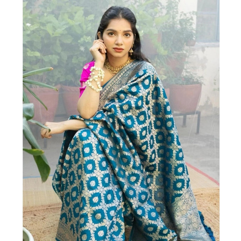 Mayawye Women's Silk Printed Saree With Unstitched Blouse 5.5Mtr (Sky Blue)