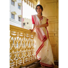 Mayawye Women's Cotton  Printed Saree With Unstitched Blouse 5.5Mtr (White)