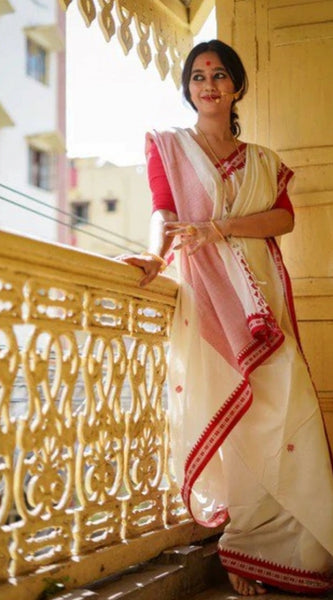Mayawye Women's Cotton  Printed Saree With Unstitched Blouse 5.5Mtr (White)