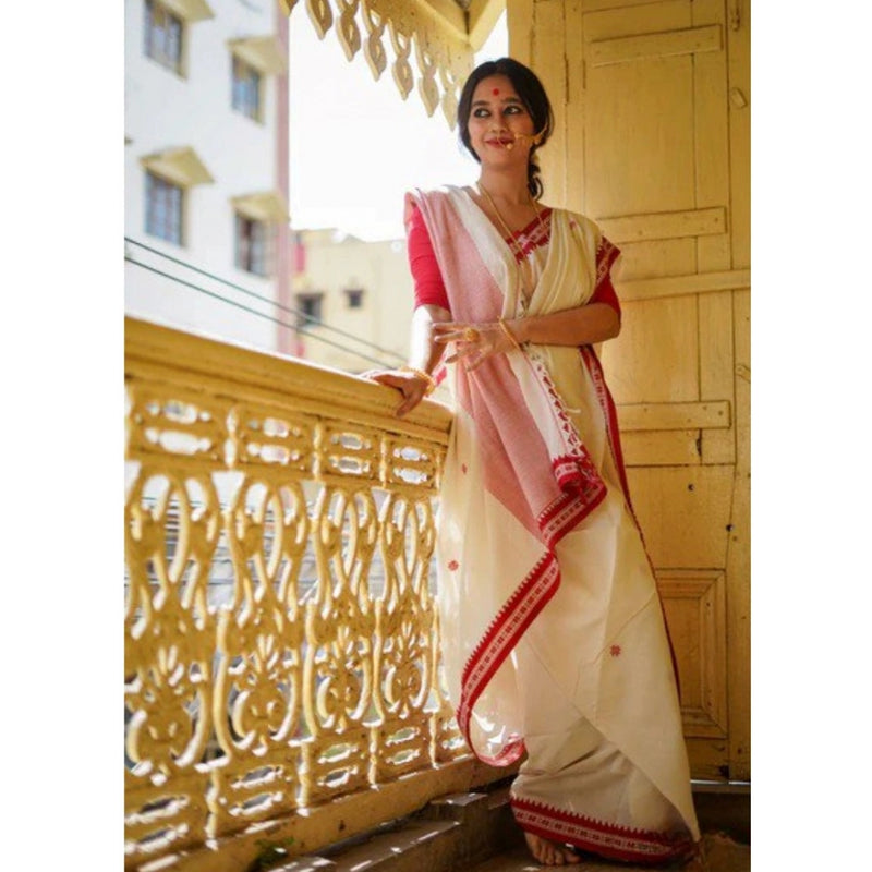 Mayawye Women's Cotton  Printed Saree With Unstitched Blouse 5.5Mtr (White)