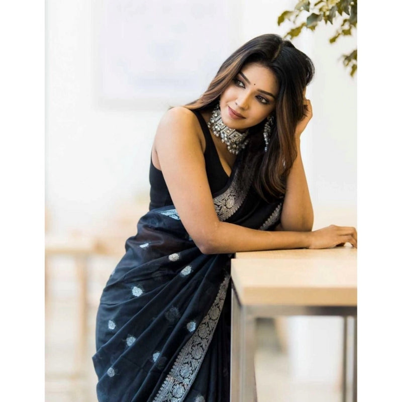 Mayawye Women's Cotton  Printed Saree With Unstitched Blouse 5.5Mtr (Black)