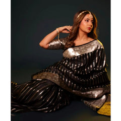 Mayawye Women's Silk Printed Saree With Unstitched Blouse 5.5Mtr (Black)