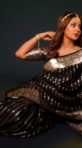 Mayawye Women's Silk Printed Saree With Unstitched Blouse 5.5Mtr (Black)