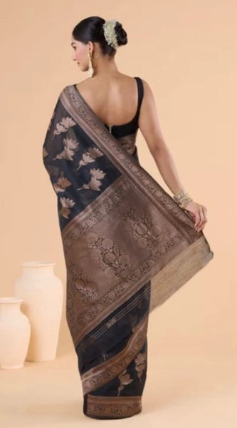 Mayawye Women's Silk Printed Saree With Unstitched Blouse 5.5Mtr (Black)