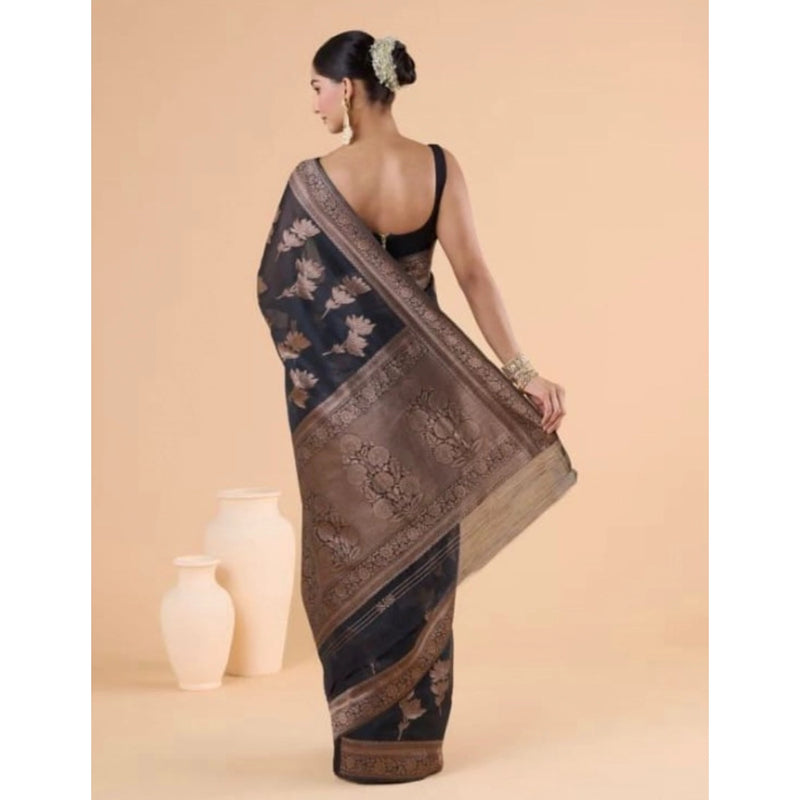 Mayawye Women's Silk Printed Saree With Unstitched Blouse 5.5Mtr (Black)
