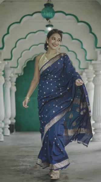 Mayawye Women's Cotton  Printed Saree With Unstitched Blouse 5.5Mtr (Navy Blue)
