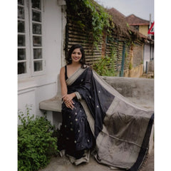 Mayawye Women's Silk Printed Saree With Unstitched Blouse 5.5Mtr (Black)
