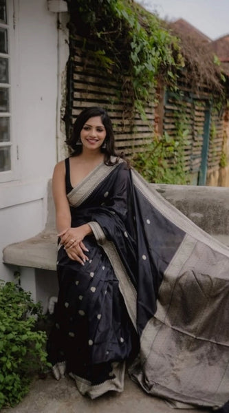 Mayawye Women's Silk Printed Saree With Unstitched Blouse 5.5Mtr (Black)