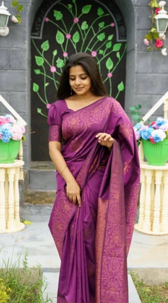 Mayawye Women's Silk Printed Saree With Unstitched Blouse 5.5Mtr (Purple)