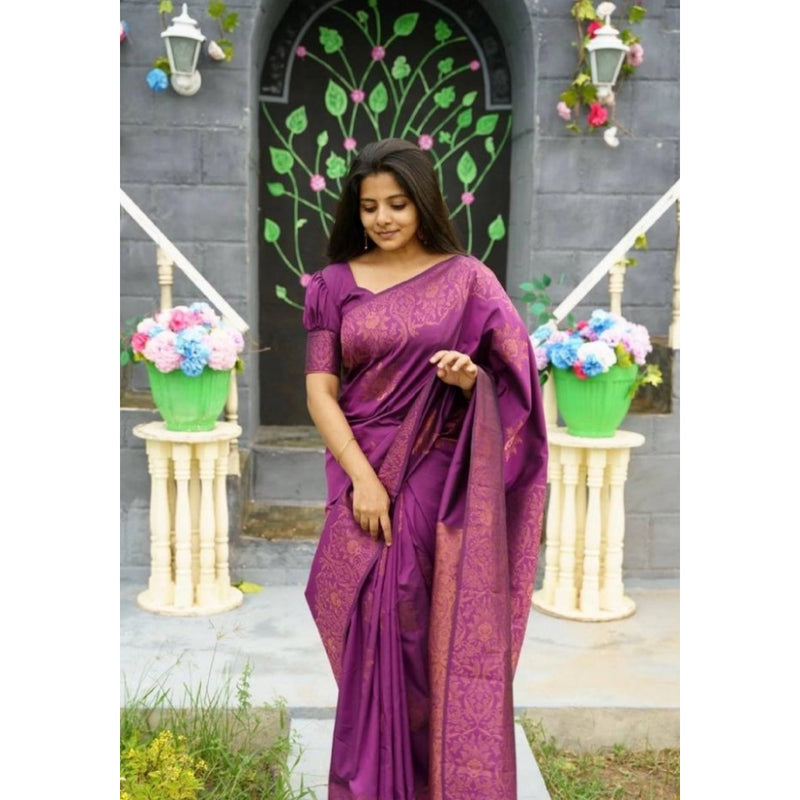 Mayawye Women's Silk Printed Saree With Unstitched Blouse 5.5Mtr (Purple)