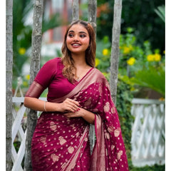 Mayawye Women's Silk Printed Saree With Unstitched Blouse 5.5Mtr (Wine)
