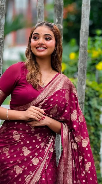 Mayawye Women's Silk Printed Saree With Unstitched Blouse 5.5Mtr (Wine)
