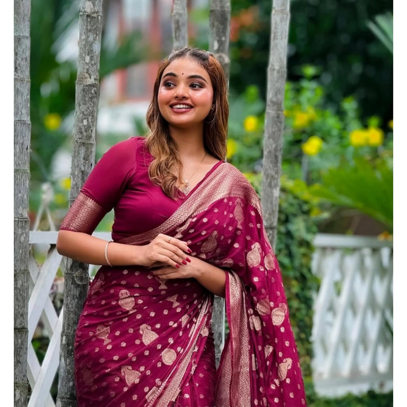 Mayawye Women's Silk Printed Saree With Unstitched Blouse 5.5Mtr (Wine)