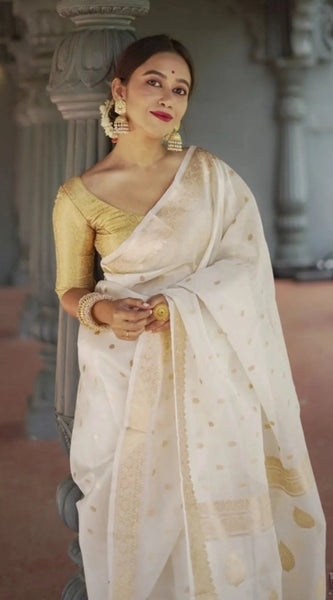 Mayawye Women's Cotton  Printed Saree With Unstitched Blouse 5.5Mtr (White)