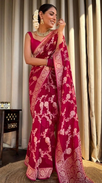 Mayawye Women's Silk Printed Saree With Unstitched Blouse 5.5Mtr (Pink)