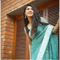 Mayawye Women's Cotton  Printed Saree With Unstitched Blouse 5.5Mtr (Sky Blue)