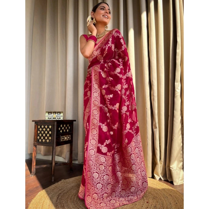 Mayawye Women's Silk Printed Saree With Unstitched Blouse 5.5Mtr (Pink)